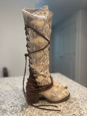 Freebird Coal white and brown multi Snakeskin Lace-Up Knee Boots